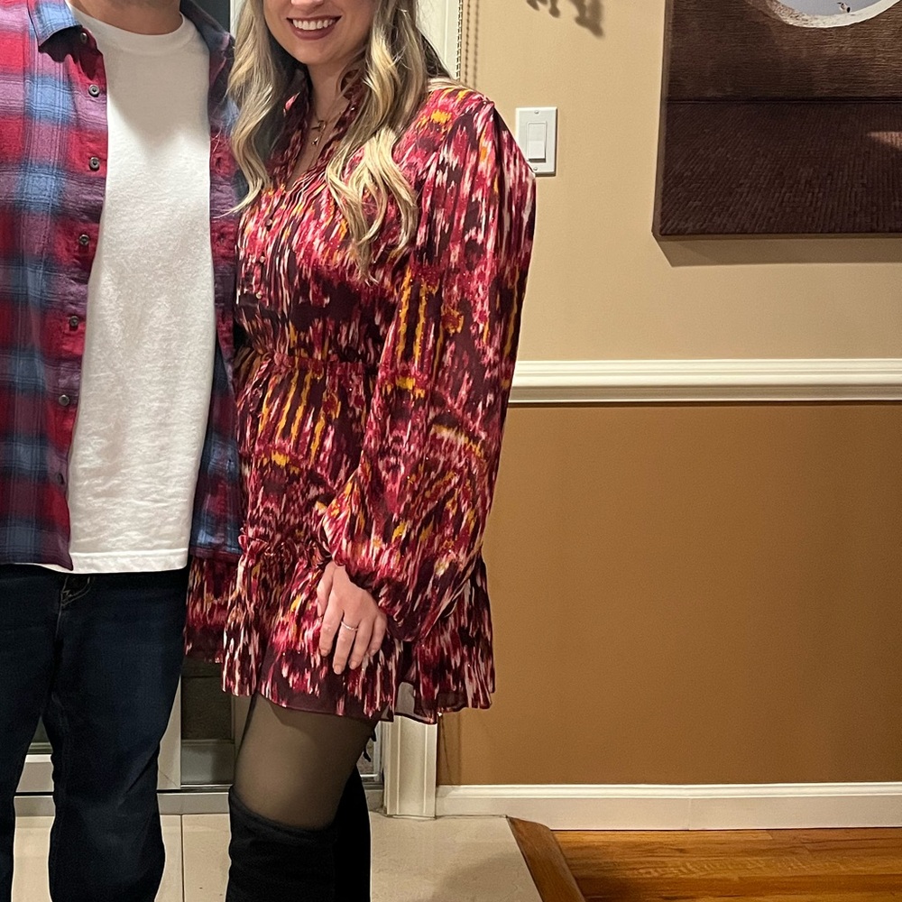HOUSE OF HARLOW 1960  Beautiful Burgundy Print Long Sleeve Boho Mini Dress - Picture 6 of 6